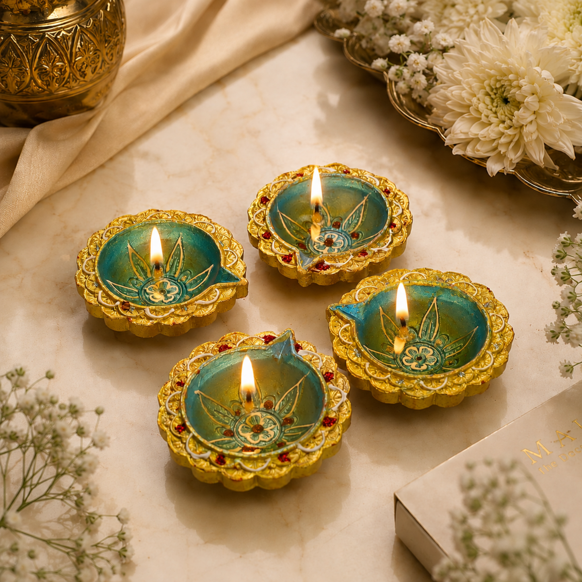 Handcrafted Blue & Gold Decorative Clay Diya Set of 4 (6 cm) | Traditional Hand-Painted Festival Oil Lamps for Diwali, Puja & Festive Home Decor