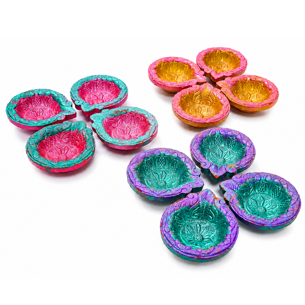 Handcrafted Colorful Designer Clay Diyas (Set of 12) – 7 cm Decorative Terracotta Oil Lamps for Diwali, Puja & Festive Home Decor