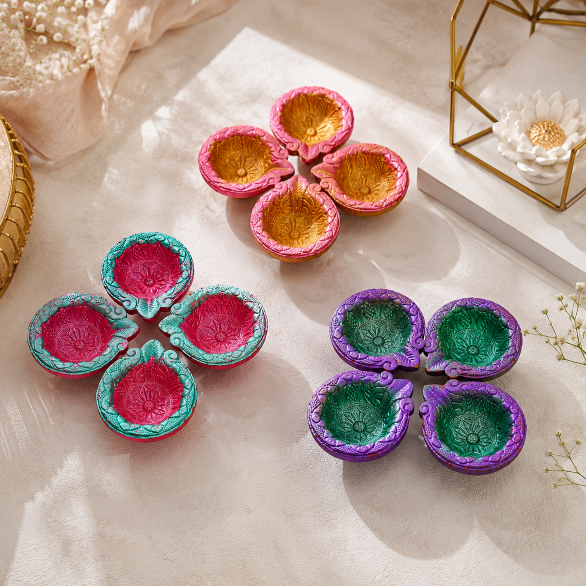 Handcrafted Colorful Designer Clay Diyas (Set of 12) – 7 cm Decorative Terracotta Oil Lamps for Diwali, Puja & Festive Home Decor