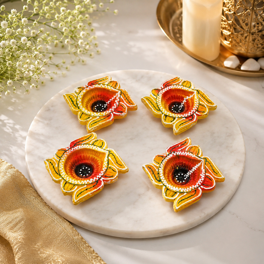 Handcrafted Terracotta Flower Diya Set of 4 – Hand-Painted Decorative Clay Diyas for Diwali & Puja (8 cm)