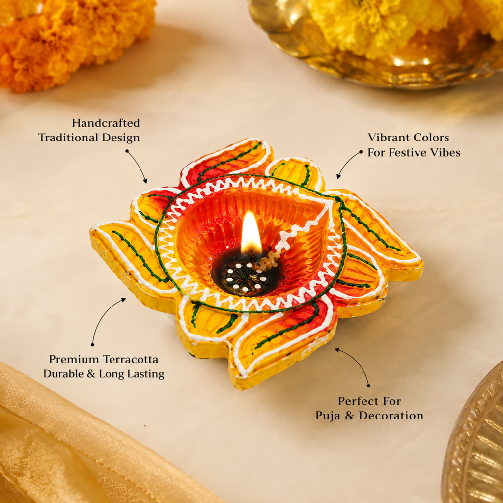 Handcrafted Terracotta Flower Diya Set of 4 – Hand-Painted Decorative Clay Diyas for Diwali & Puja (8 cm)