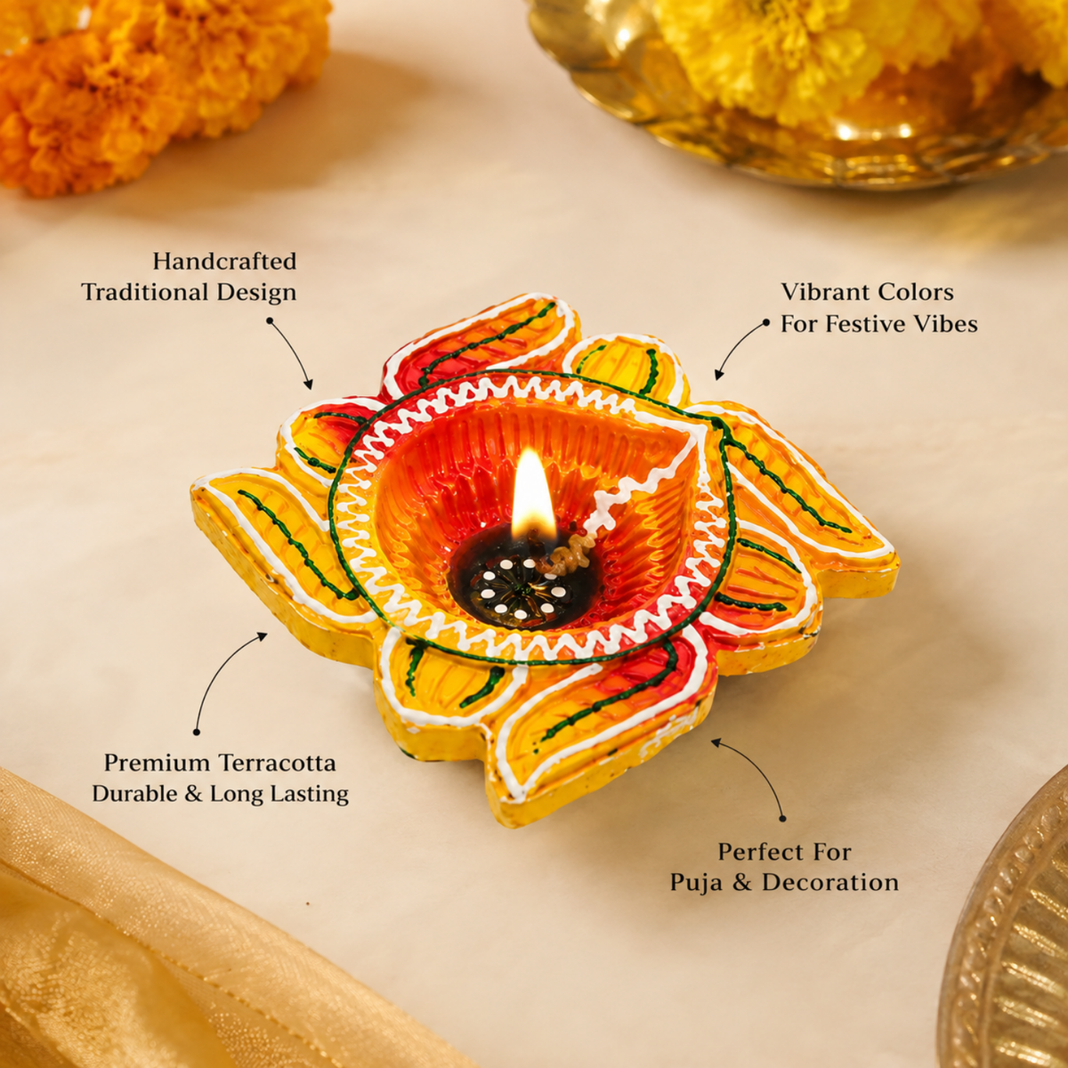 Handcrafted Terracotta Flower Diya Set of 4 – Hand-Painted Decorative Clay Diyas for Diwali & Puja (8 cm)