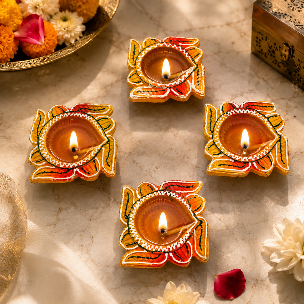 Handcrafted Terracotta Flower Diya Set of 4 – Hand-Painted Decorative Clay Diyas for Diwali & Puja (8 cm)