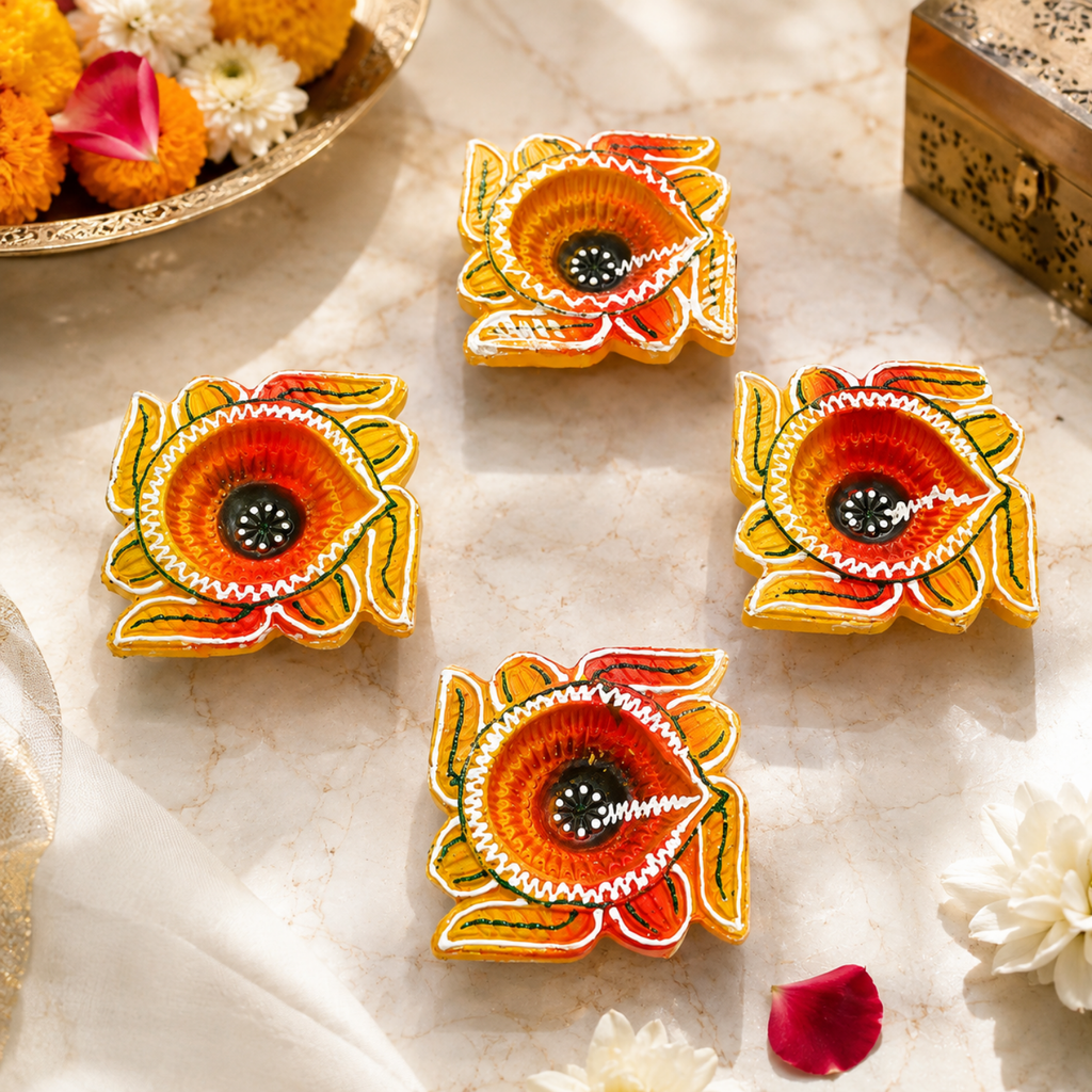Handcrafted Terracotta Flower Diya Set of 4 – Hand-Painted Decorative Clay Diyas for Diwali & Puja (8 cm)
