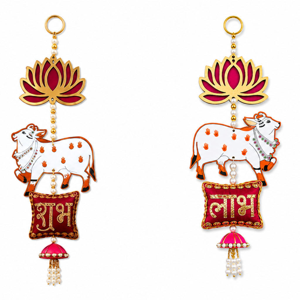 Ethnic Shubh Labh Door Hanging – 30 cm Traditional Decorative Signage for Entrance, Living Room & Festive Home Decor, Washable & Long Lasting (Set of 2)