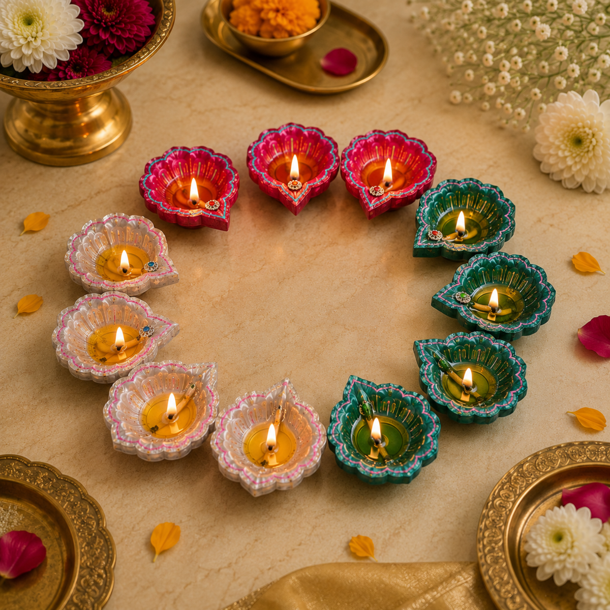 Handcrafted Designer Clay Diyas for Diwali (Set of 12, 6cm) – Colorful Eco-Friendly Decorative Oil Lamps
