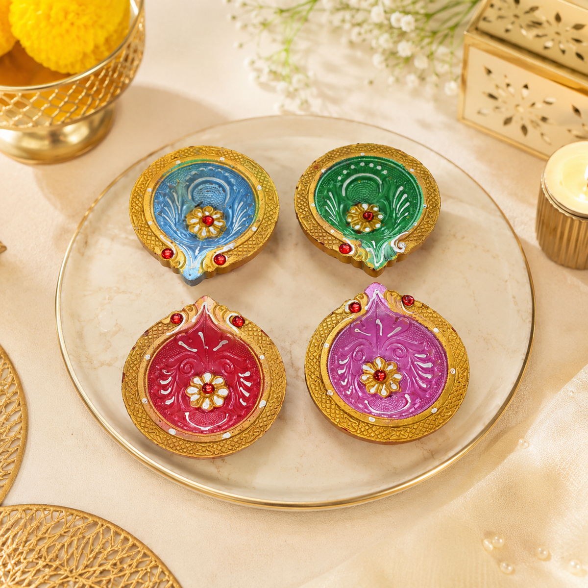 Handcrafted Hand-Painted Clay Diyas Set of 4 – Decorative Decorative Multicolor Terracotta Oil Lamps for Diwali, Puja & Festive Decor (8 cm)