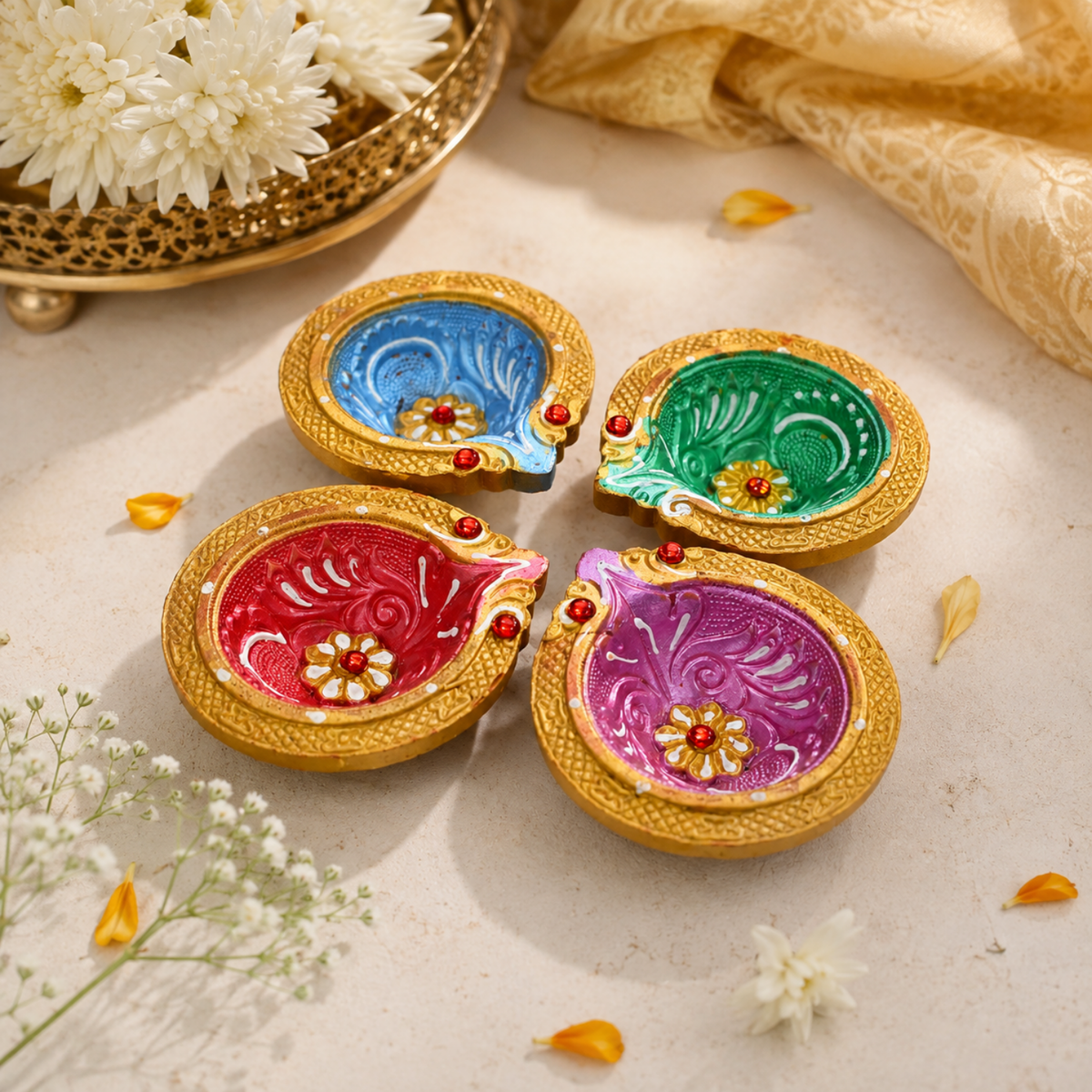 Handcrafted Hand-Painted Clay Diyas Set of 4 – Decorative Decorative Multicolor Terracotta Oil Lamps for Diwali, Puja & Festive Decor (8 cm)
