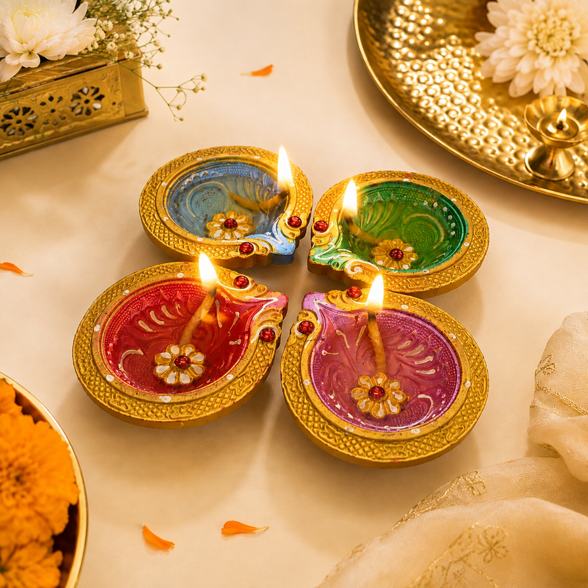 Handcrafted Hand-Painted Clay Diyas Set of 4 – Decorative Decorative Multicolor Terracotta Oil Lamps for Diwali, Puja & Festive Decor (8 cm)