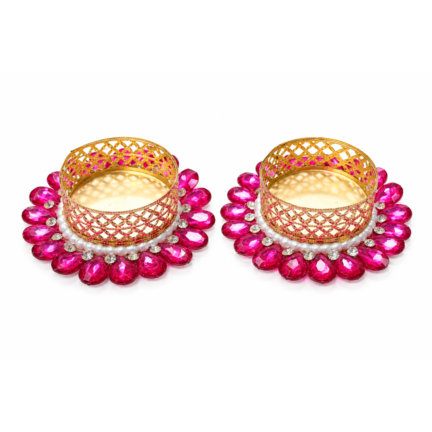 Decor Golden Metal Tealight Candle Holders with Stone and Pearl Embellishments, Decorative Diya for Diwali, Pooja Mandir, Home Decor, and Festival Gifting