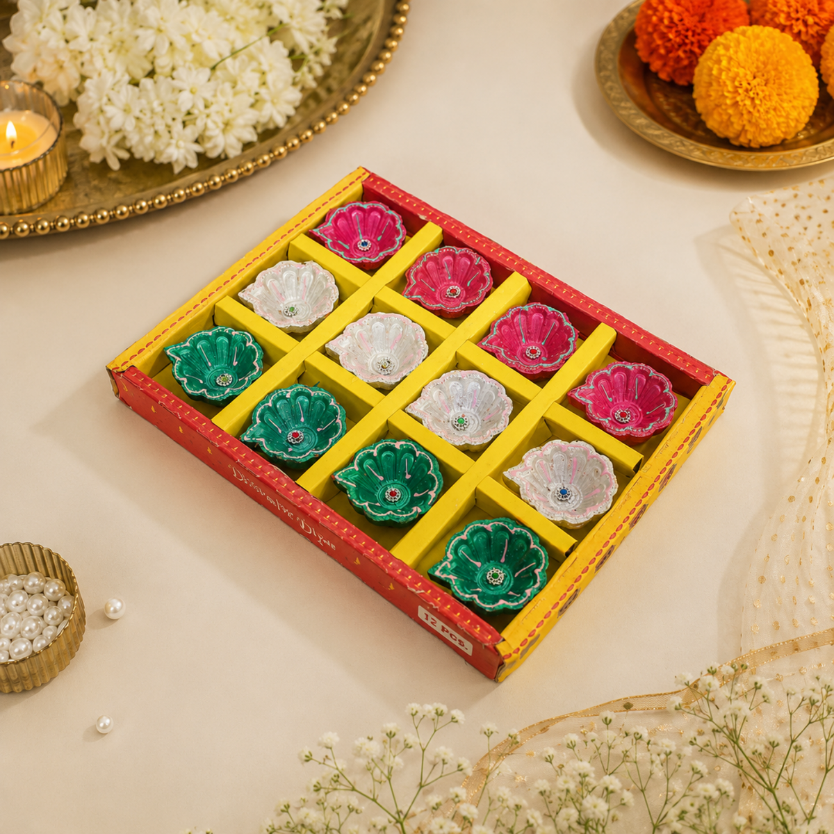 Handcrafted Designer Clay Diyas for Diwali (Set of 12, 6cm) – Colorful Eco-Friendly Decorative Oil Lamps