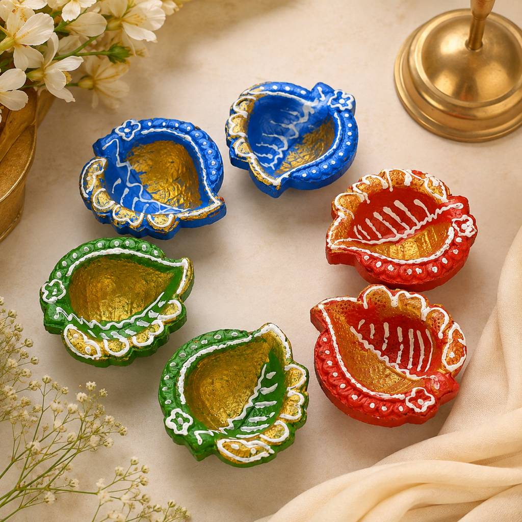 Handcrafted Decorative Terracotta Clay Diya Set of 6 – Hand-Painted Traditional Mitti Oil Lamp for Diwali Pooja & Home Decor (6 cm)