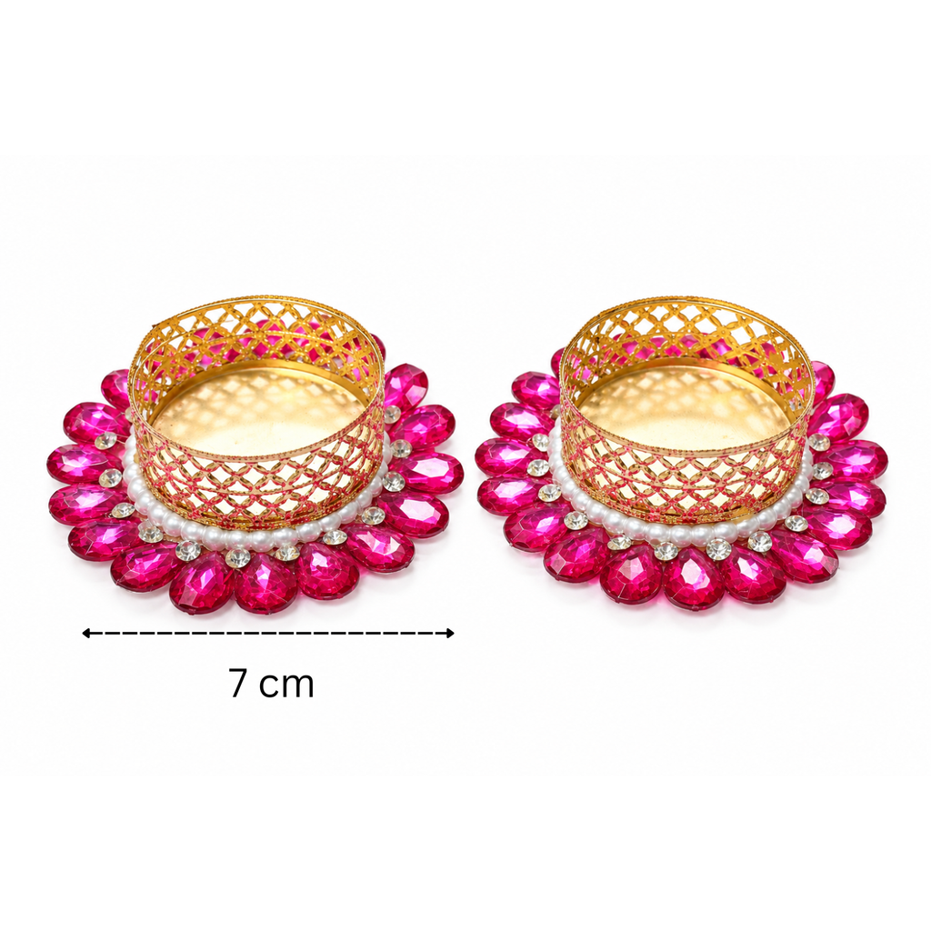 Decor Golden Metal Tealight Candle Holders with Stone and Pearl Embellishments, Decorative Diya for Diwali, Pooja Mandir, Home Decor, and Festival Gifting
