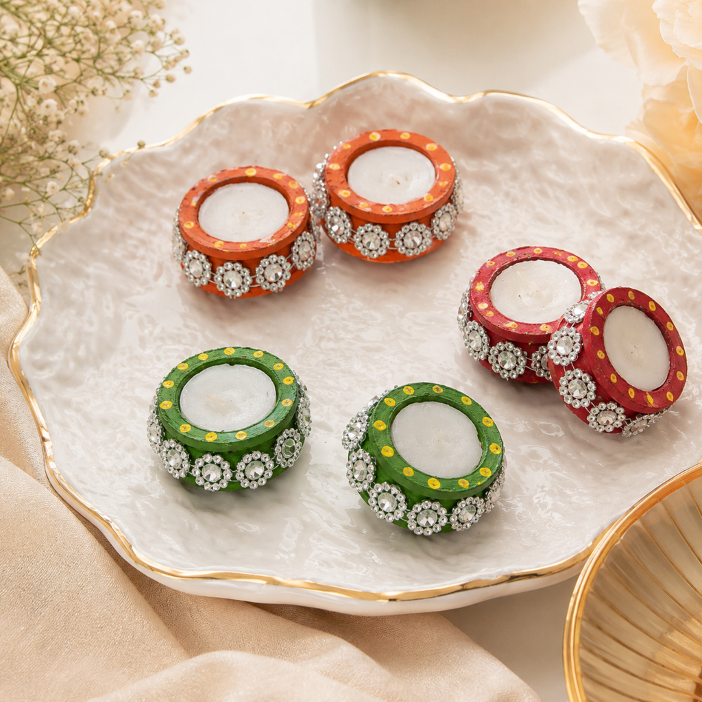 Handcrafted Decorative Wax Tea Light Diyas (Set of 6) – Studded Terracotta Candle Holders for Diwali & Festive Home Décor