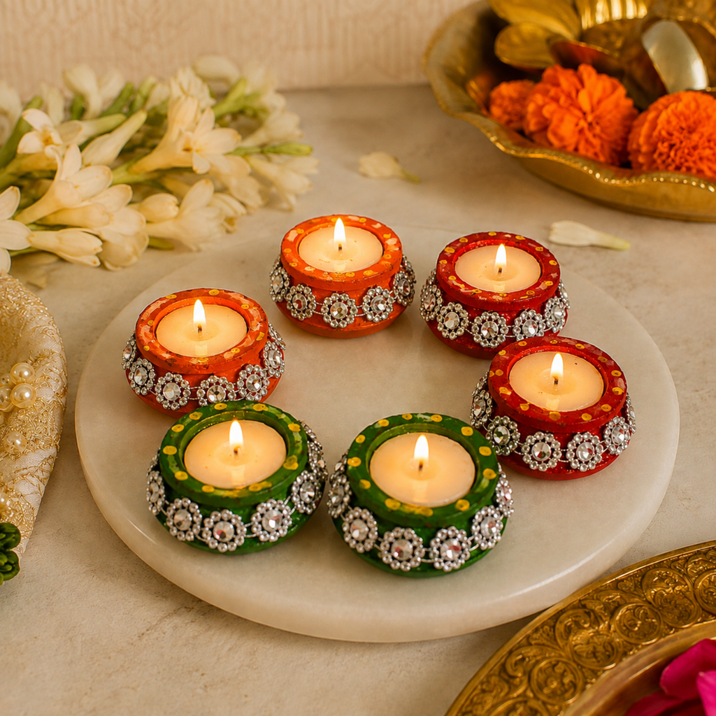 Handcrafted Decorative Wax Tea Light Diyas (Set of 6) – Studded Terracotta Candle Holders for Diwali & Festive Home Décor