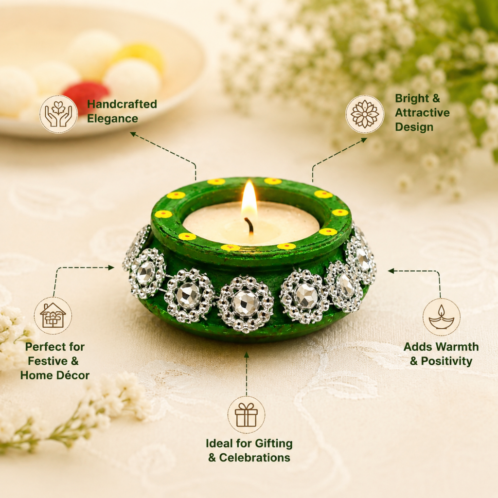 Handcrafted Decorative Wax Tea Light Diyas (Set of 6) – Studded Terracotta Candle Holders for Diwali & Festive Home Décor