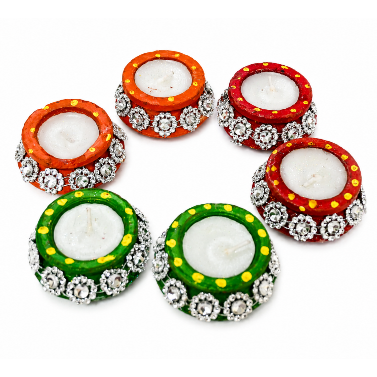 Handcrafted Decorative Wax Tea Light Diyas (Set of 6) – Studded Terracotta Candle Holders for Diwali & Festive Home Décor