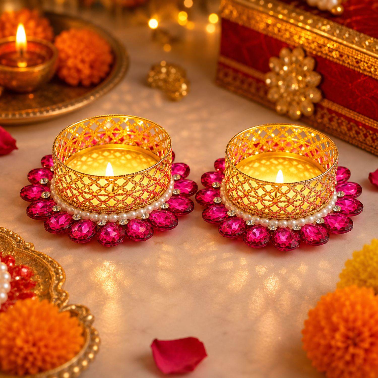 Decor Golden Metal Tealight Candle Holders with Stone and Pearl Embellishments, Decorative Diya for Diwali, Pooja Mandir, Home Decor, and Festival Gifting