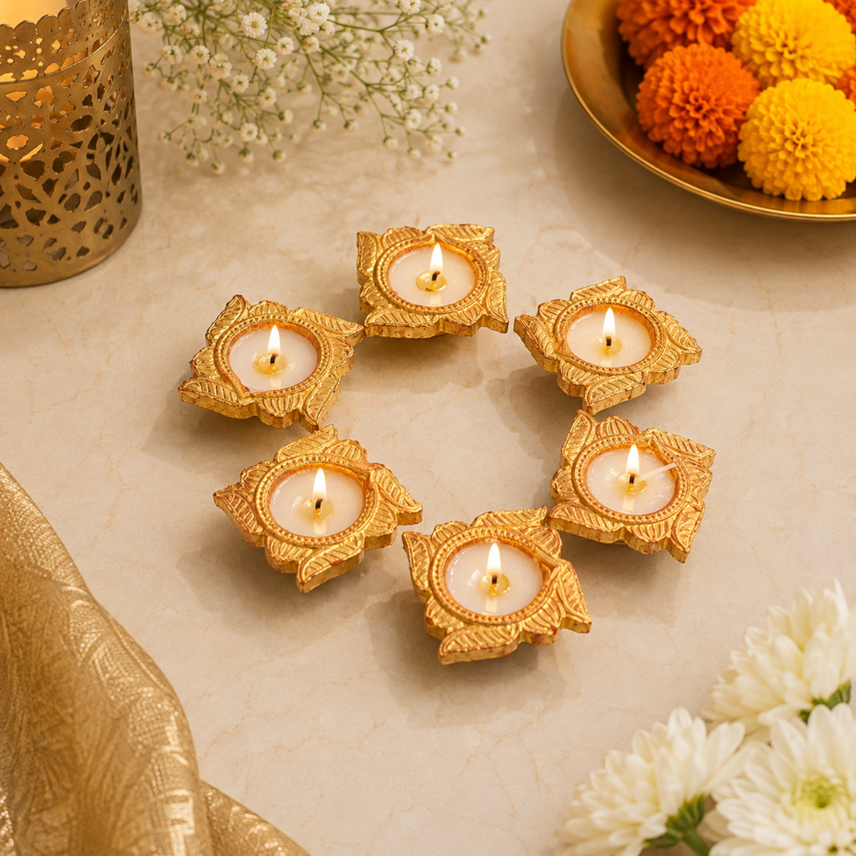 Handcrafted Golden Brass Tea Light Candle Holders (Set of 6) – Decorative Wax DIY Candle Diyas for Diwali, Puja & Festive Decor