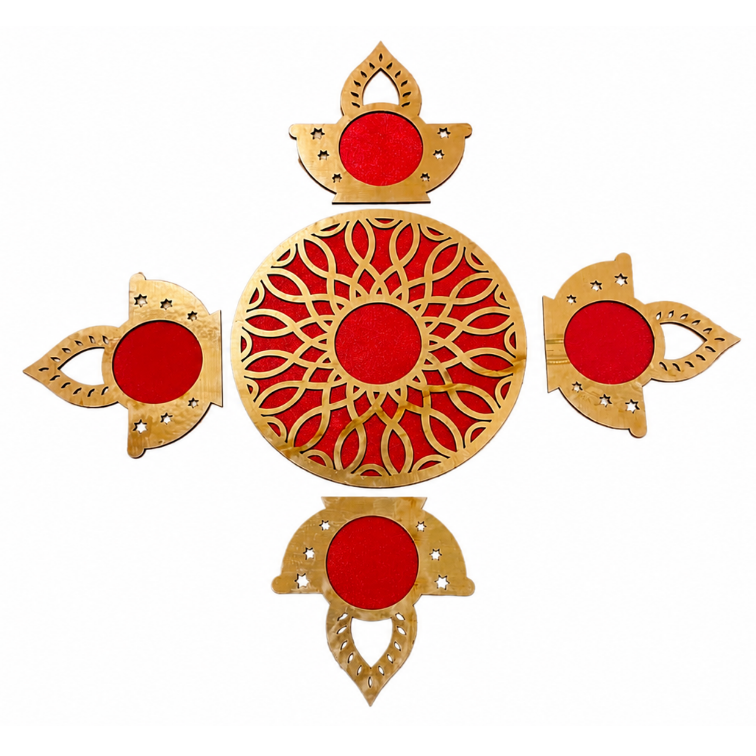 Decorative Rangoli Set with Diya Cutouts – 14 cm Round MDF Wooden Base with Red Velvet Finish for Floor Decor, Pooja & Festivals | DIY Festive Art Accent for Diwali Home Decoration