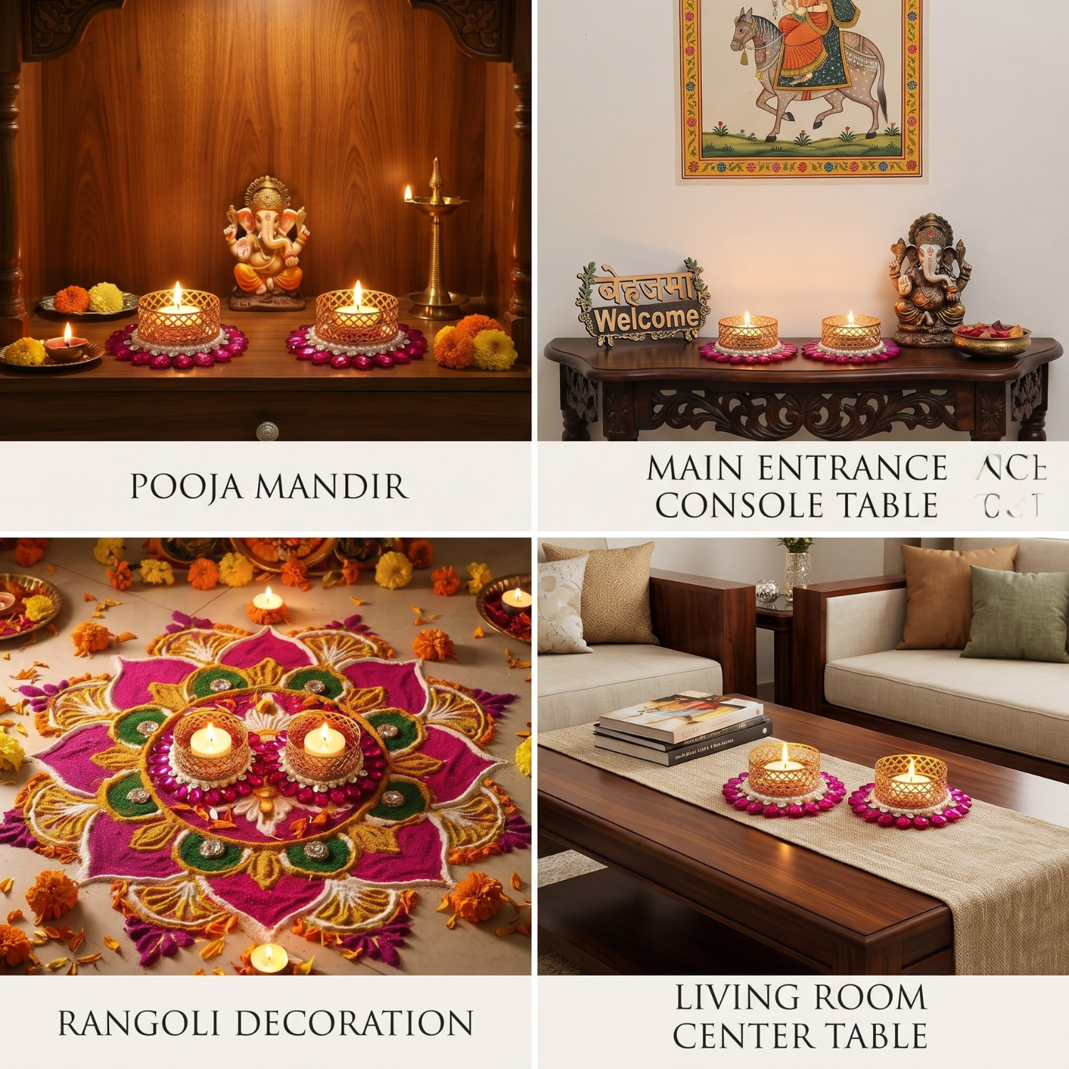 Decor Golden Metal Tealight Candle Holders with Stone and Pearl Embellishments, Decorative Diya for Diwali, Pooja Mandir, Home Decor, and Festival Gifting