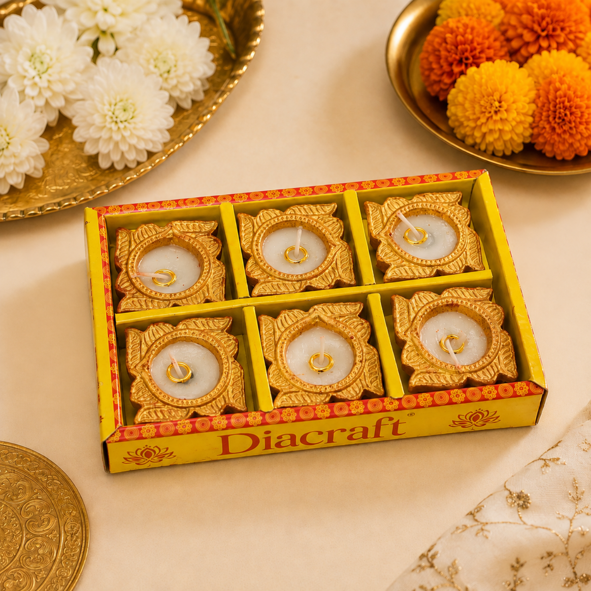 Handcrafted Golden Brass Tea Light Candle Holders (Set of 6) – Decorative Wax DIY Candle Diyas for Diwali, Puja & Festive Decor