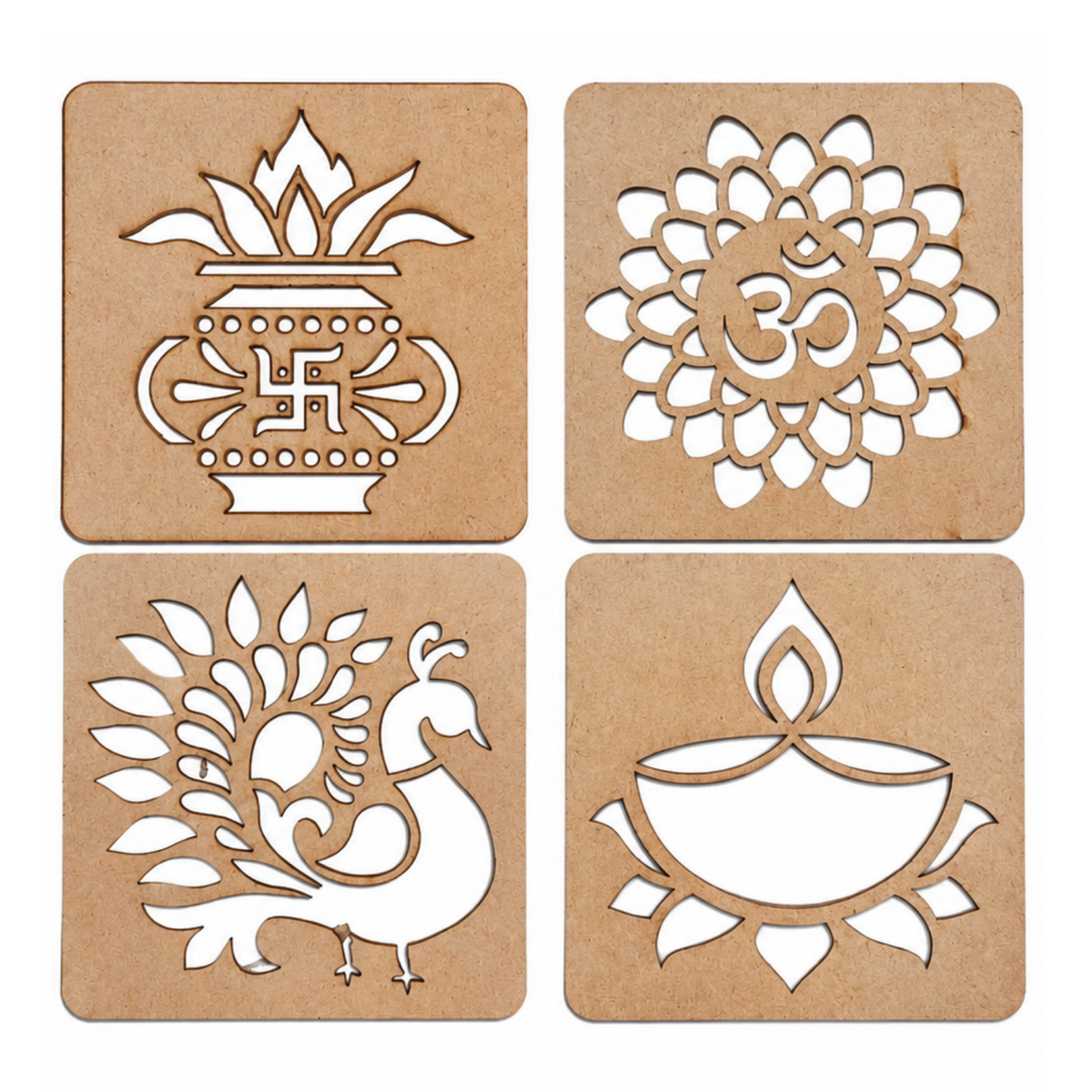 Rangoli Stencils Set of 4 – 9.5 x 9.5 cm Reusable MDF Wooden Cutout Templates for Floor Decor, Painting & Pooja | Traditional Mandala, Peacock, Diya & Kalash Designs for Diwali