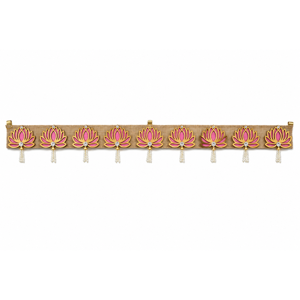 Pink Lotus Bandhanwar Door Hanging – 100 cm Reusable Decorative Toran with Pearl Accents, Handcrafted Ethnic Valance for Main Entrance, Pooja Room, Wedding & Festive Home Decor