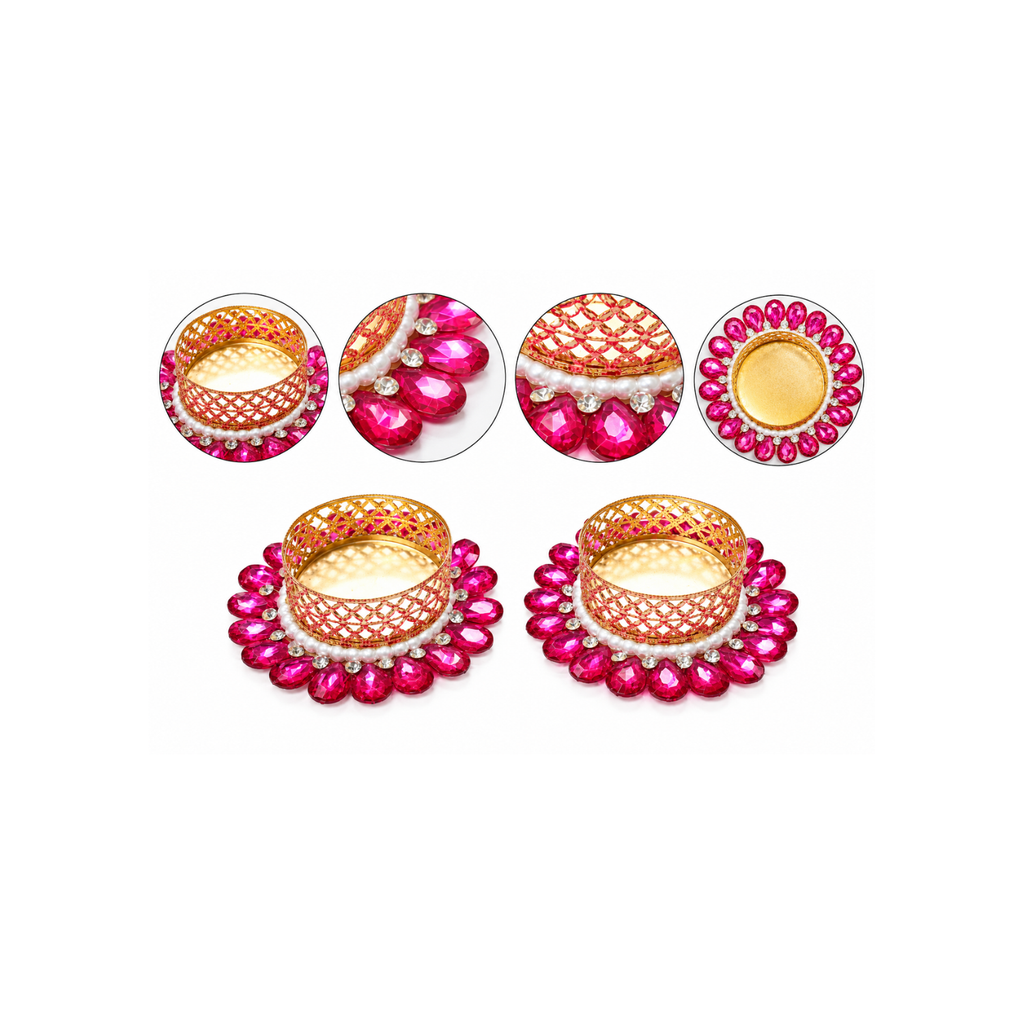 Decor Golden Metal Tealight Candle Holders with Stone and Pearl Embellishments, Decorative Diya for Diwali, Pooja Mandir, Home Decor, and Festival Gifting