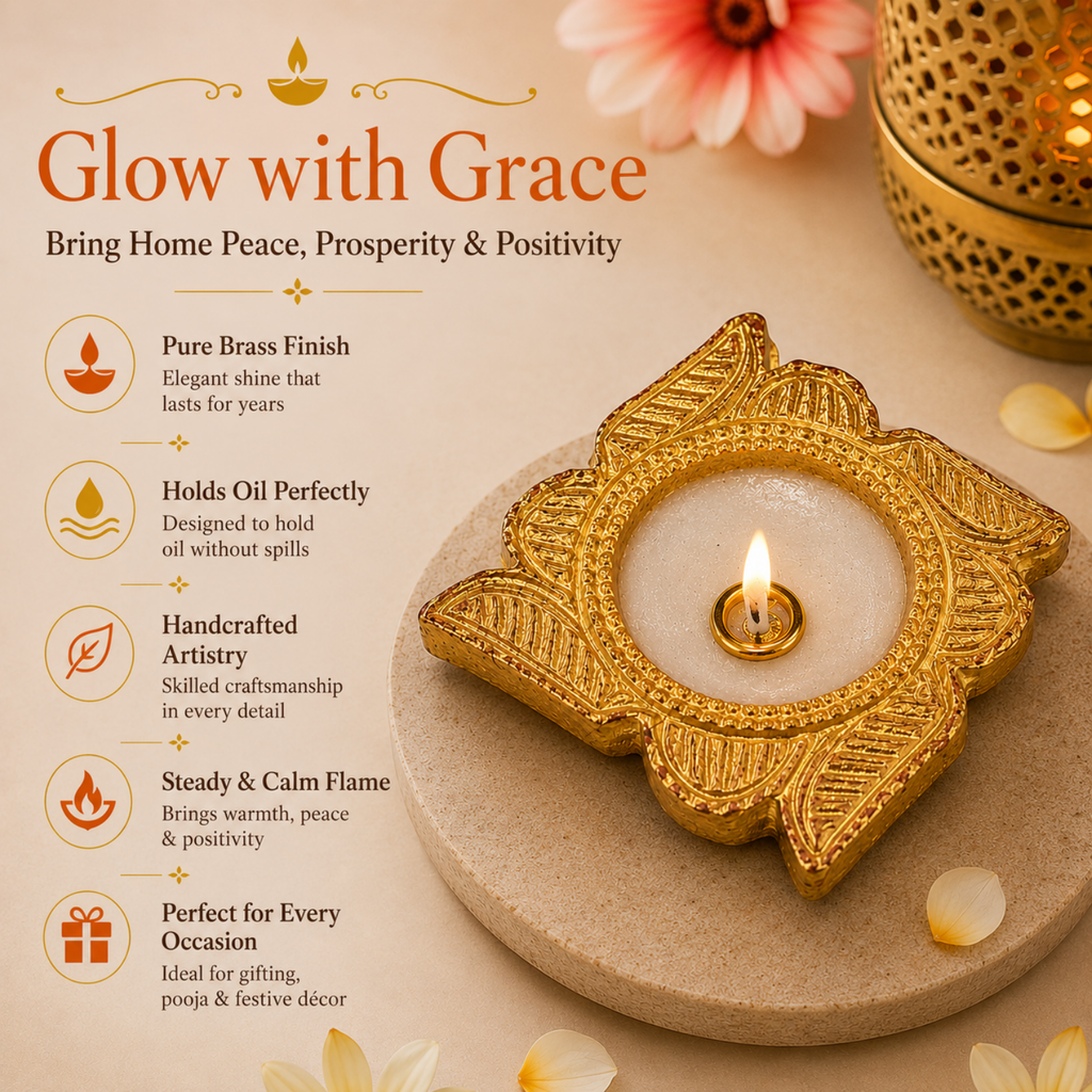 Handcrafted Golden Brass Tea Light Candle Holders (Set of 6) – Decorative Wax DIY Candle Diyas for Diwali, Puja & Festive Decor