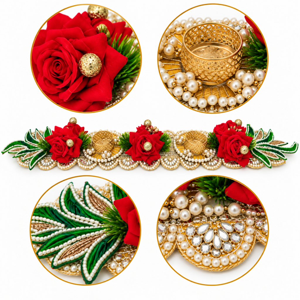 Red Floral Tealight Candle Holder Table Runner – 60 cm Handcrafted Diya Stand with Pearls & Mirror Work for Home & Festive Decor