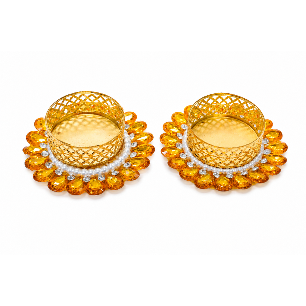 Decor Golden Metal Tealight Candle Holders with Stone and Pearl Embellishments, Decorative Diya for Diwali, Pooja Mandir, Home Decor, and Festival Gifting