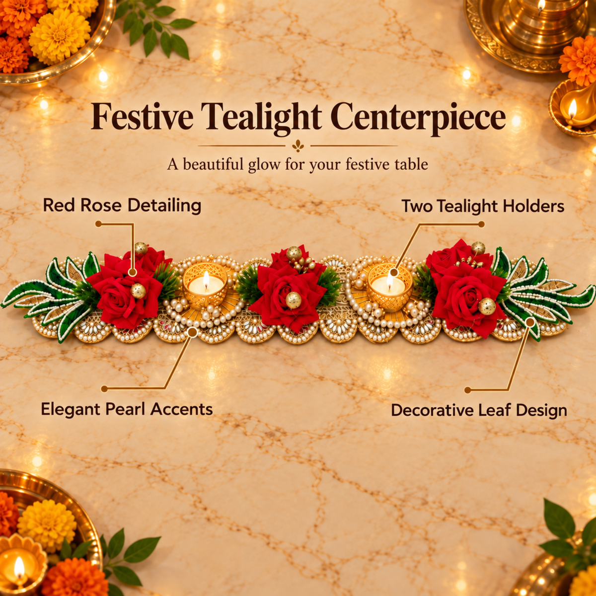 Red Floral Tealight Candle Holder Table Runner – 60 cm Handcrafted Diya Stand with Pearls & Mirror Work for Home & Festive Decor