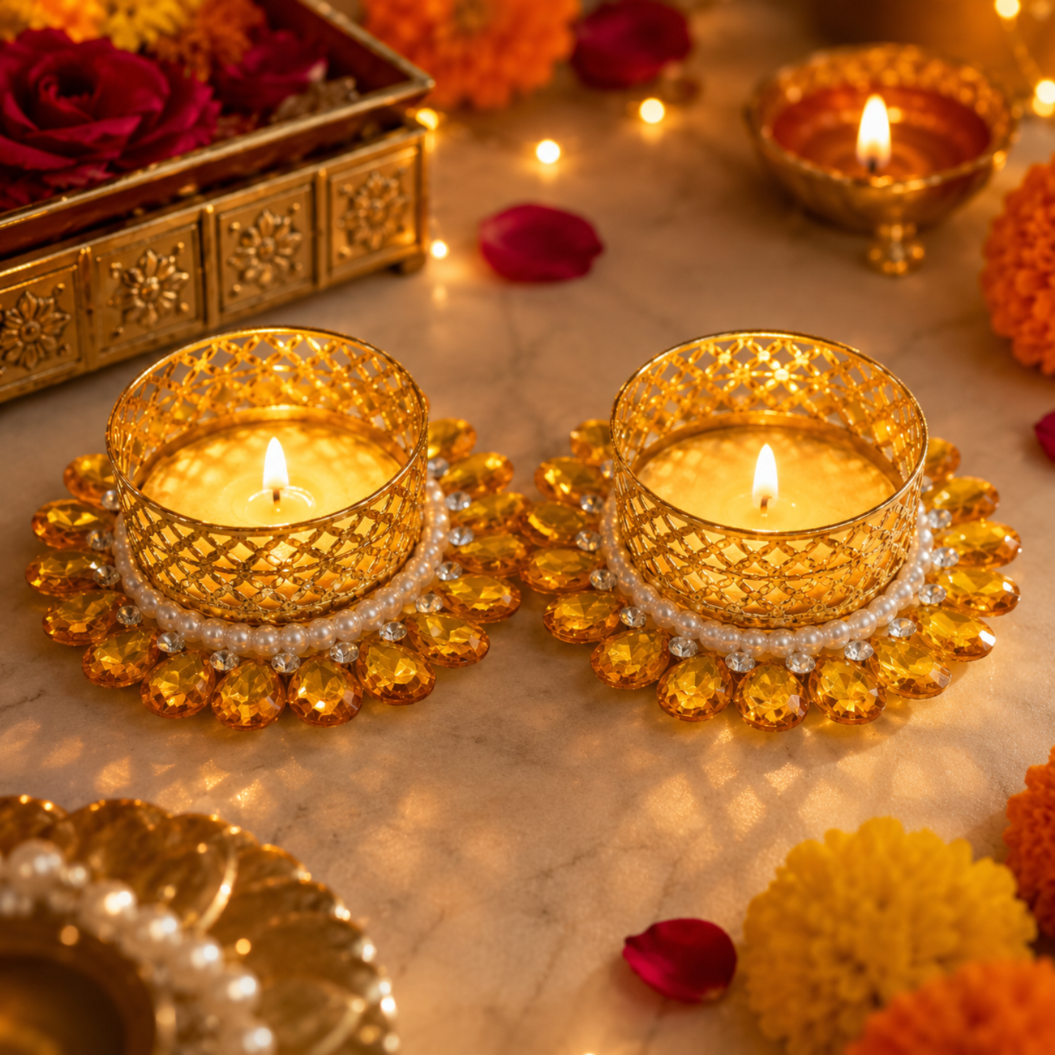 Decor Golden Metal Tealight Candle Holders with Stone and Pearl Embellishments, Decorative Diya for Diwali, Pooja Mandir, Home Decor, and Festival Gifting