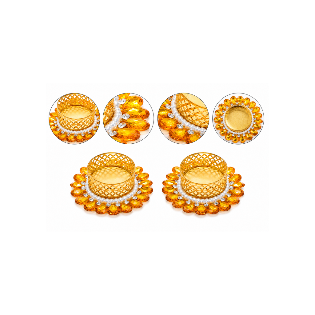 Decor Golden Metal Tealight Candle Holders with Stone and Pearl Embellishments, Decorative Diya for Diwali, Pooja Mandir, Home Decor, and Festival Gifting