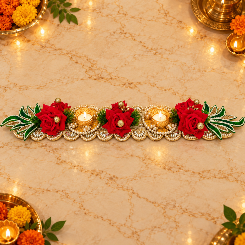 Red Floral Tealight Candle Holder Table Runner – 60 cm Handcrafted Diya Stand with Pearls & Mirror Work for Home & Festive Decor
