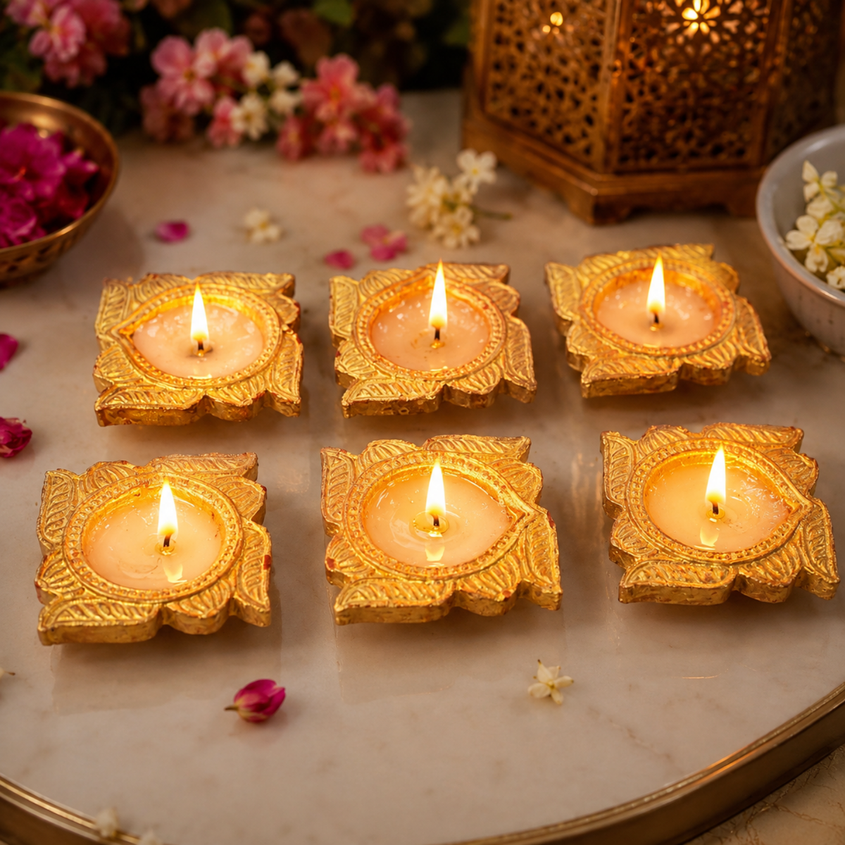 Handcrafted Golden Brass Tea Light Candle Holders (Set of 6) – Decorative Wax DIY Candle Diyas for Diwali, Puja & Festive Decor