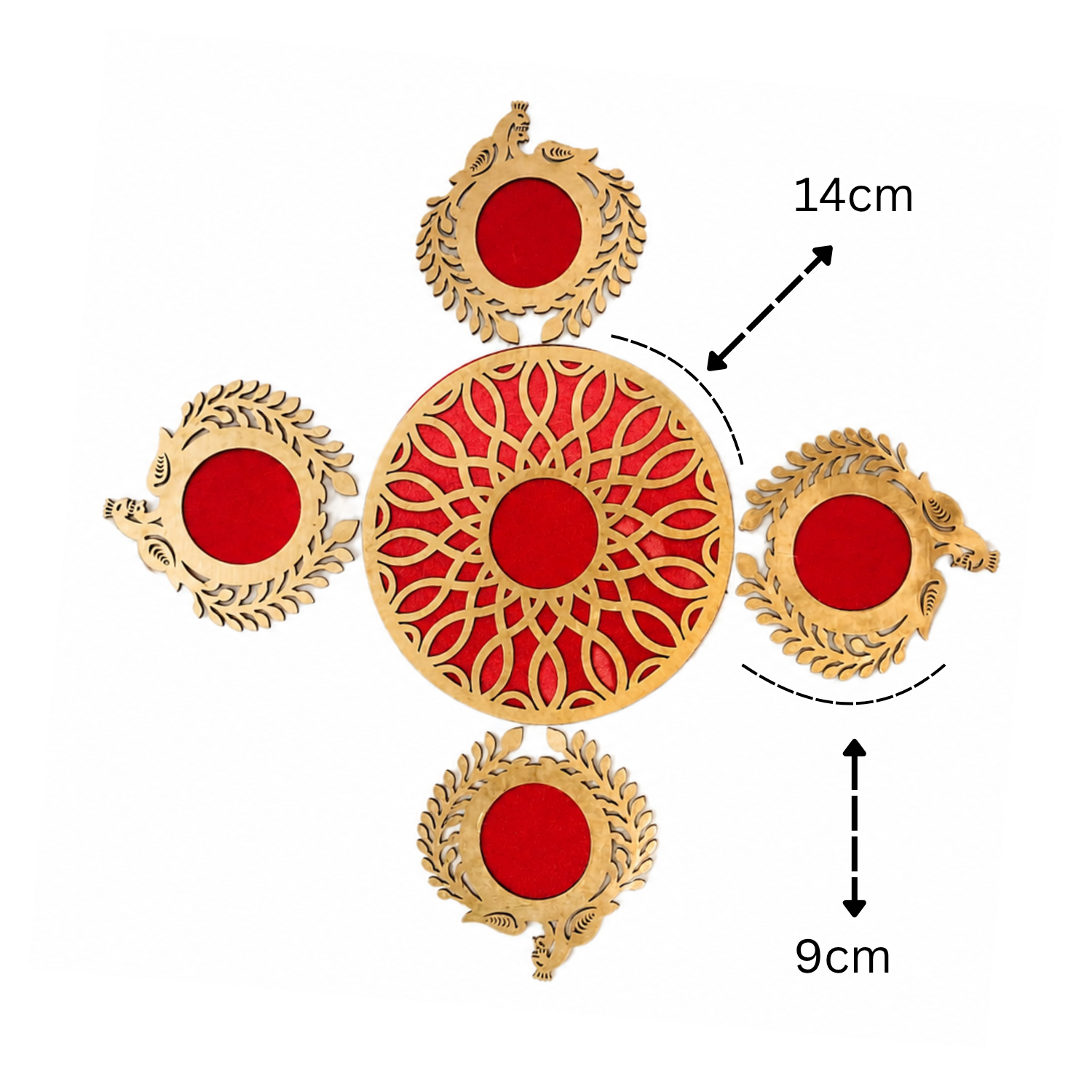 Wooden Rangoli Set for Home Decor | Traditional Akhand Diwa/Pooja Mandir Decoration Item | Festive Diwali & Housewarming Gift | Red & Gold Floor Decal Accents