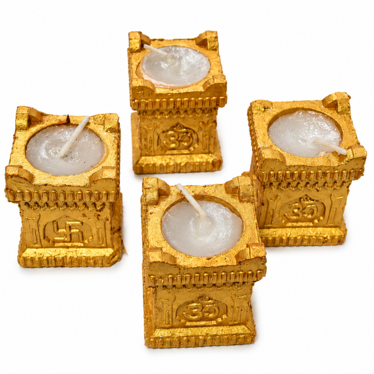 Handcrafted Brass Finish Om & Swastik Diya Candle Holders (Set of 4) – Decorative Wax Tealight Diyas for Pooja & Diwali