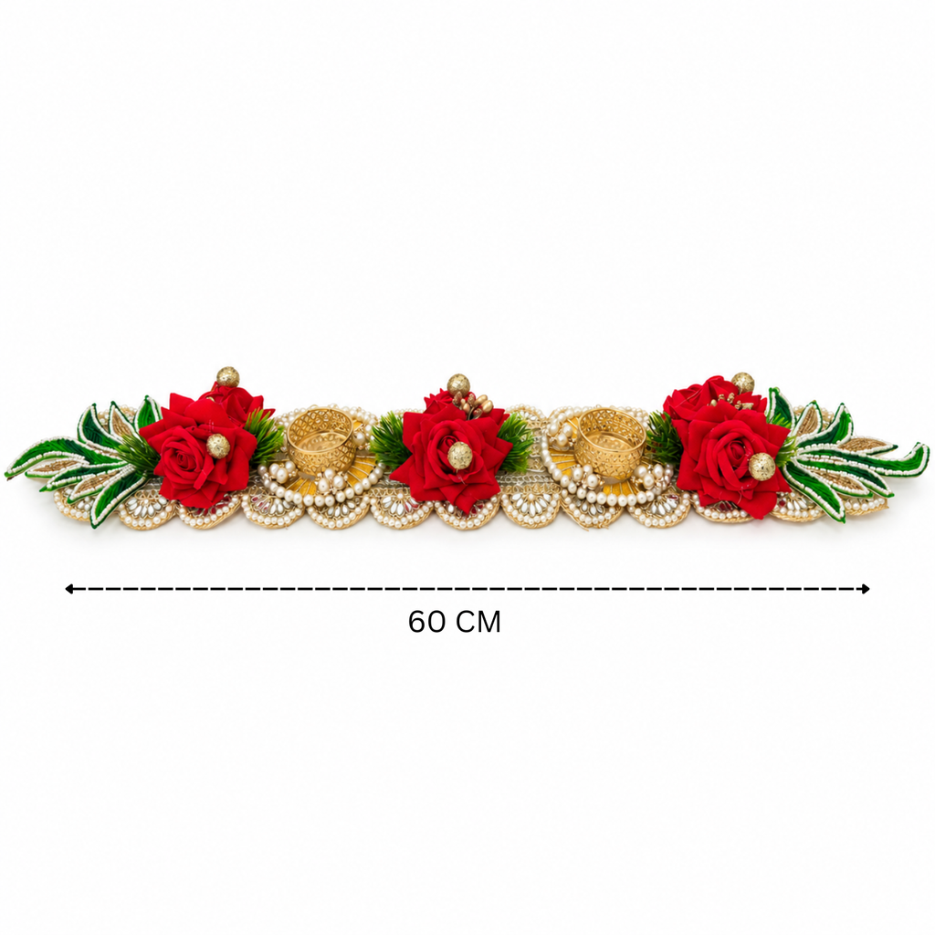 Red Floral Tealight Candle Holder Table Runner – 60 cm Handcrafted Diya Stand with Pearls & Mirror Work for Home & Festive Decor