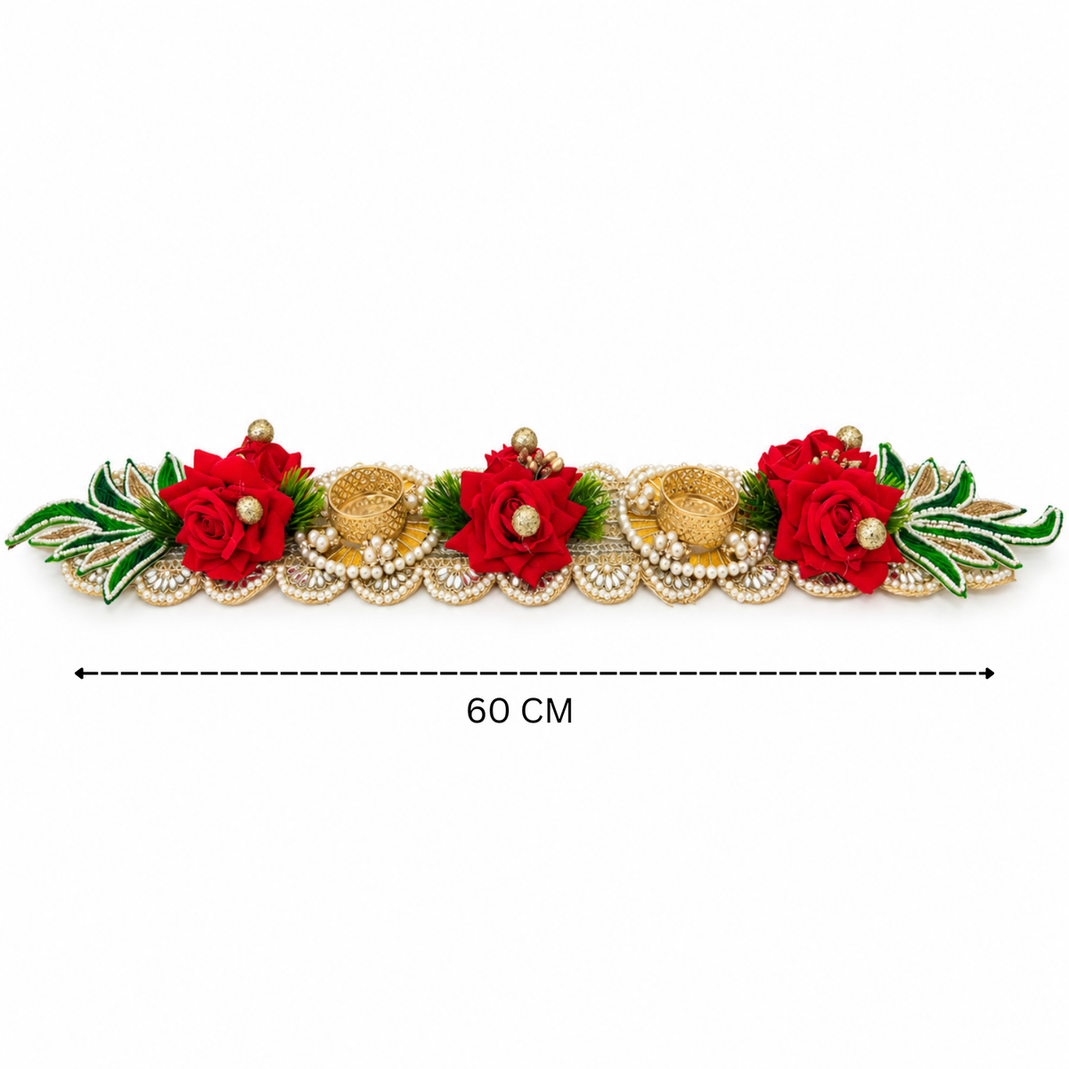 Red Floral Tealight Candle Holder Table Runner – 60 cm Handcrafted Diya Stand with Pearls & Mirror Work for Home & Festive Decor