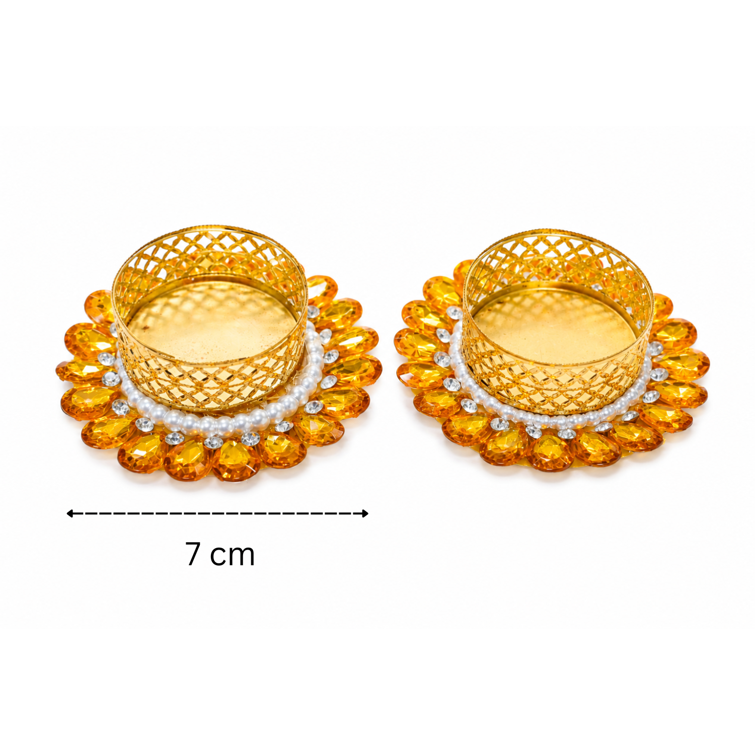 Decor Golden Metal Tealight Candle Holders with Stone and Pearl Embellishments, Decorative Diya for Diwali, Pooja Mandir, Home Decor, and Festival Gifting