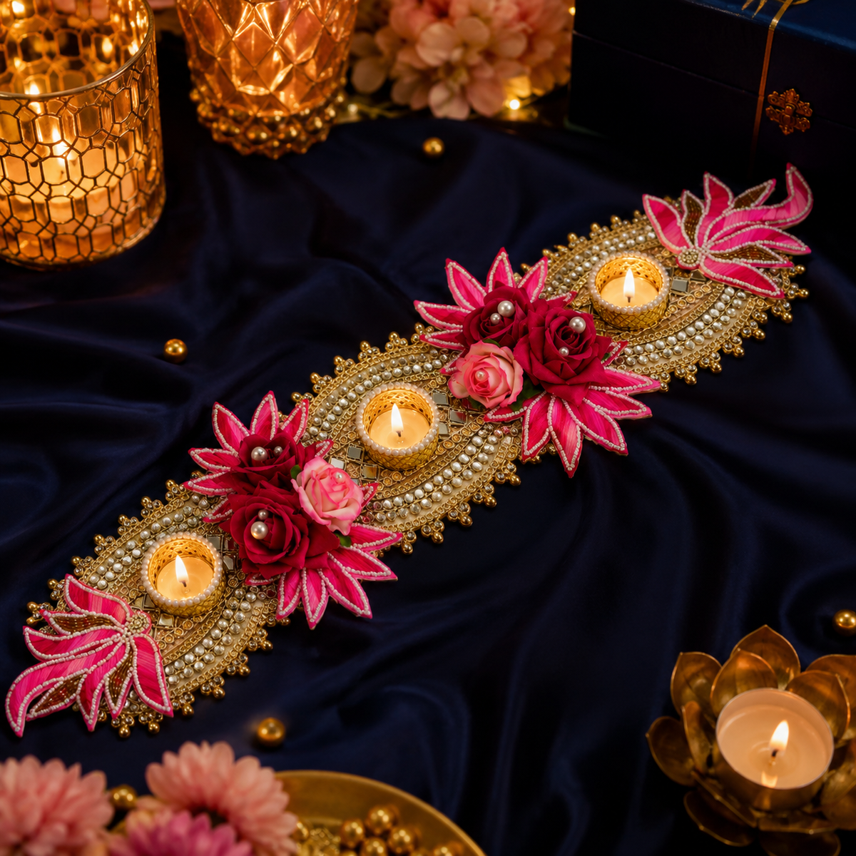 Pink Decorative Tealight Candle Holder Table Runner – 55 cm Handcrafted Floral Diya Stand with Mirror & Pearl Work for Diwali, Pooja & Home Decor