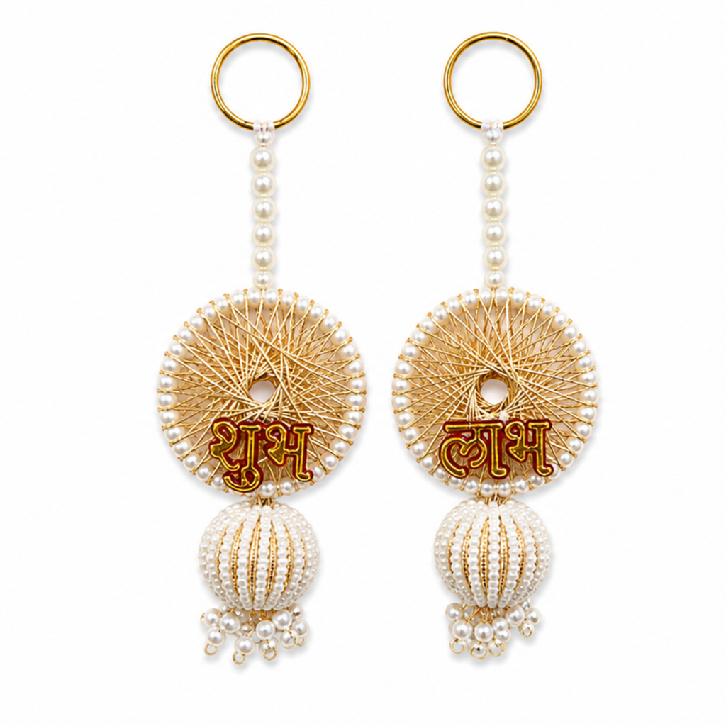 Decorative Shubh Labh Wall Hanging – 13 cm Pearl Beaded Traditional Door Decor for Diwali, Housewarming, Pooja Room & Festive Entrance Decoration (Set of 2)