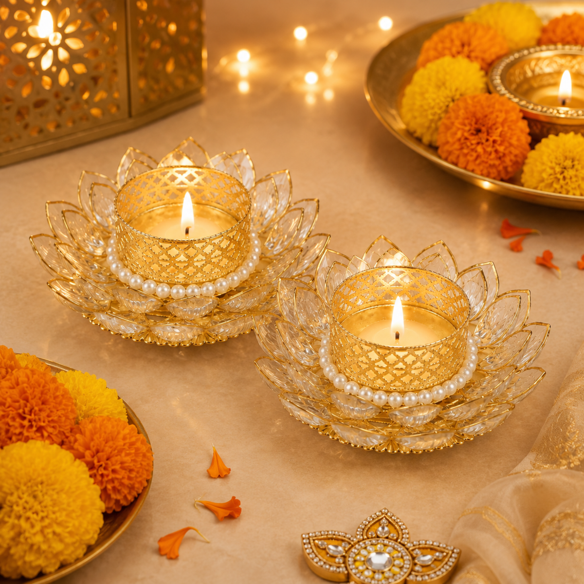 Lotus Shaped T-light Candle Holder 9 cm (Pack of 2 - White)
