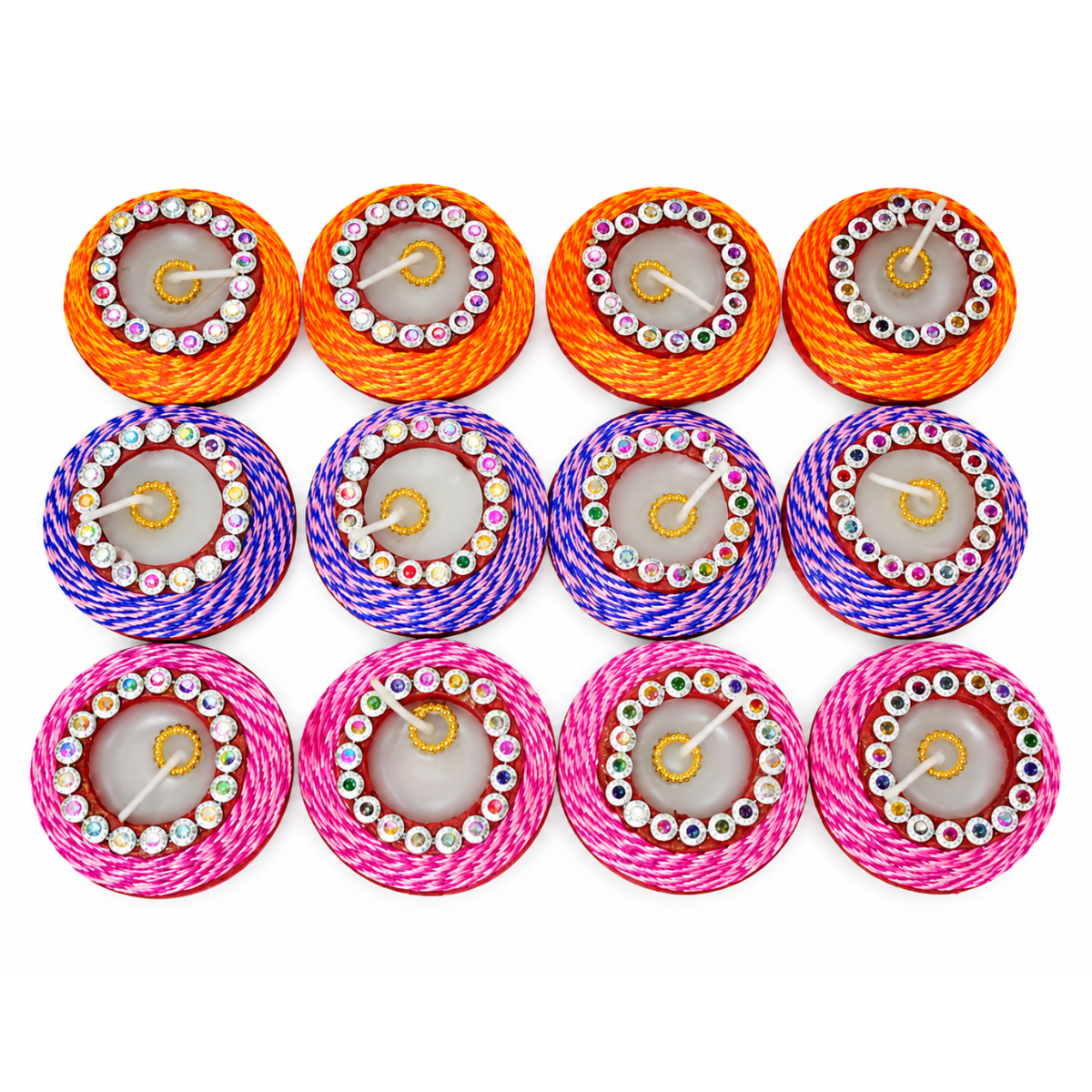 Diacraft Handcrafted Thread & Stone Wax Diya Set (Pack of 12) – Colorful Decorative Clay Wax Diyas with Rhinestone Accents for Diwali, Pooja & Festive Gifting