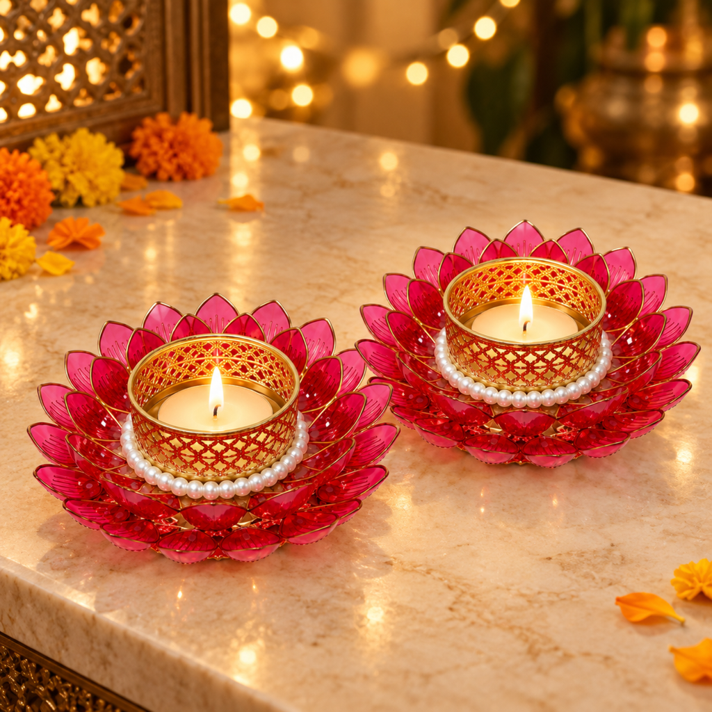 Lotus Shaped T-light Candle Holder 9 cm (Pack of 2 Red)