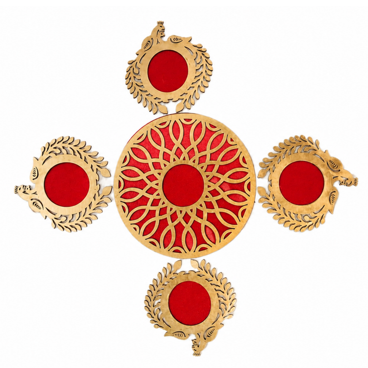 Wooden Rangoli Set for Home Decor | Traditional Akhand Diwa/Pooja Mandir Decoration Item | Festive Diwali & Housewarming Gift | Red & Gold Floor Decal Accents