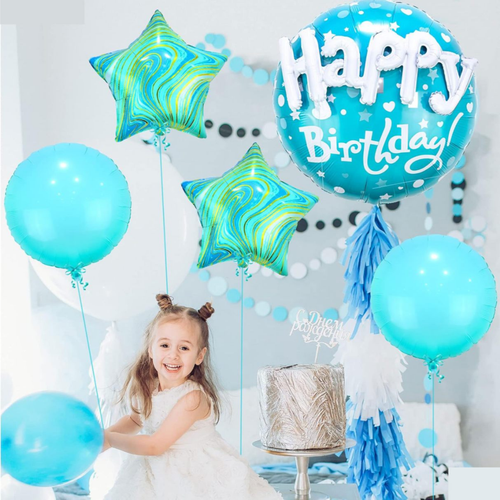 Aesthetic Blue Marble Birthday Balloon Bouquet - 5-Piece Happy Birthday Foil Set - Elegant Star & Round Foil Balloons for Birthday Party Backdrop