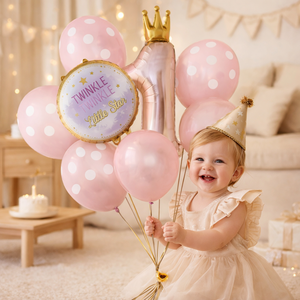 Pink 1st Birthday Balloon Set with Crown Number 1 Foil Balloon – Twinkle Twinkle Little Star Theme Party Supplies for Girls (Pack of 10) 2